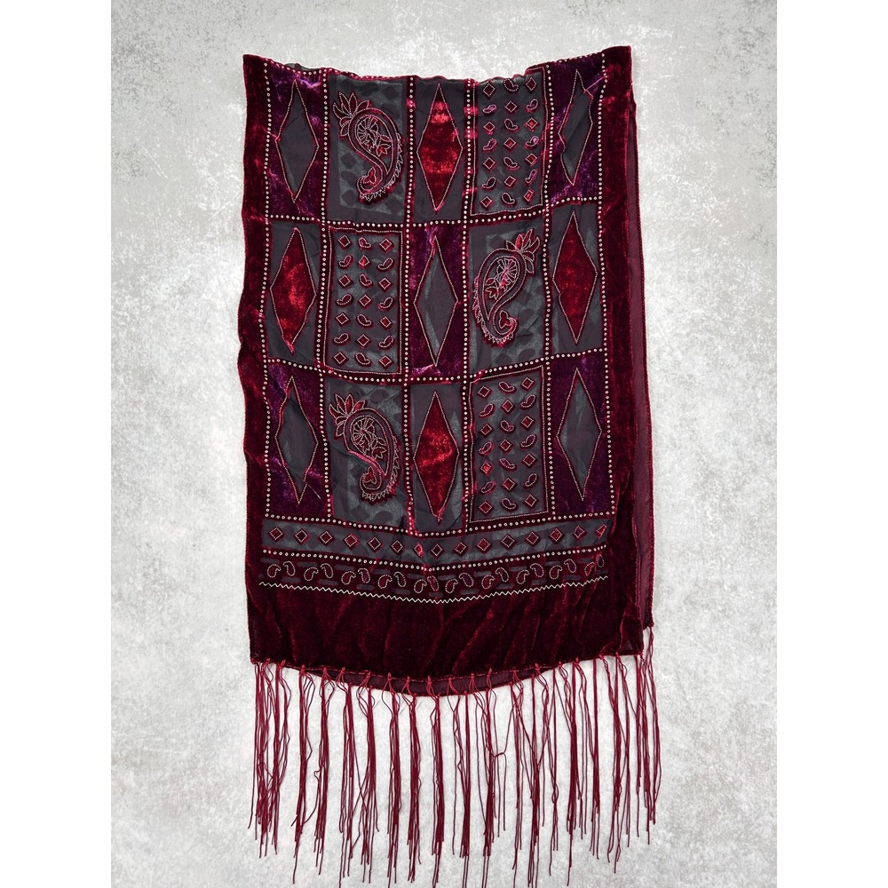 Vintage Velvet Burnout Paisley Sequin Fringe Scarf Sheer Mesh Wrap
